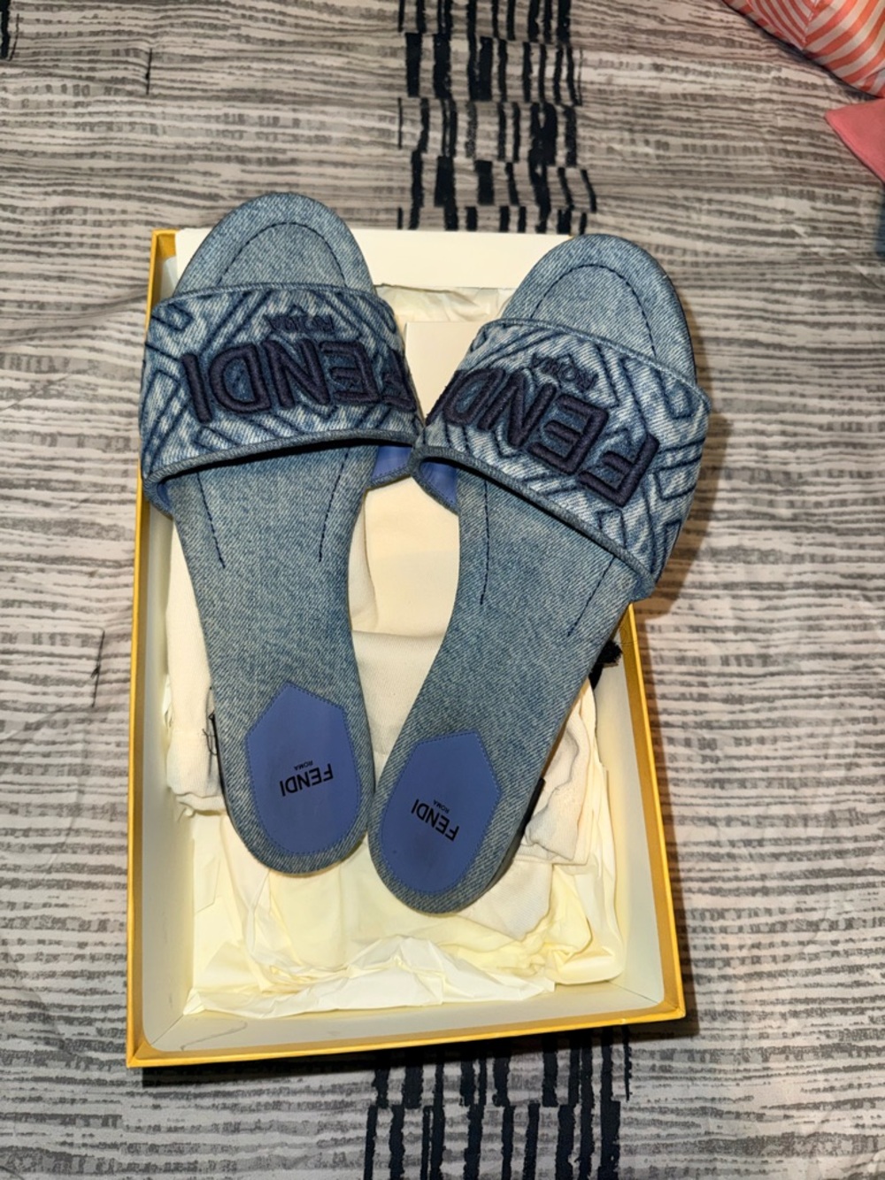 Fendi Light Blue Denim Logo Slide Sandals